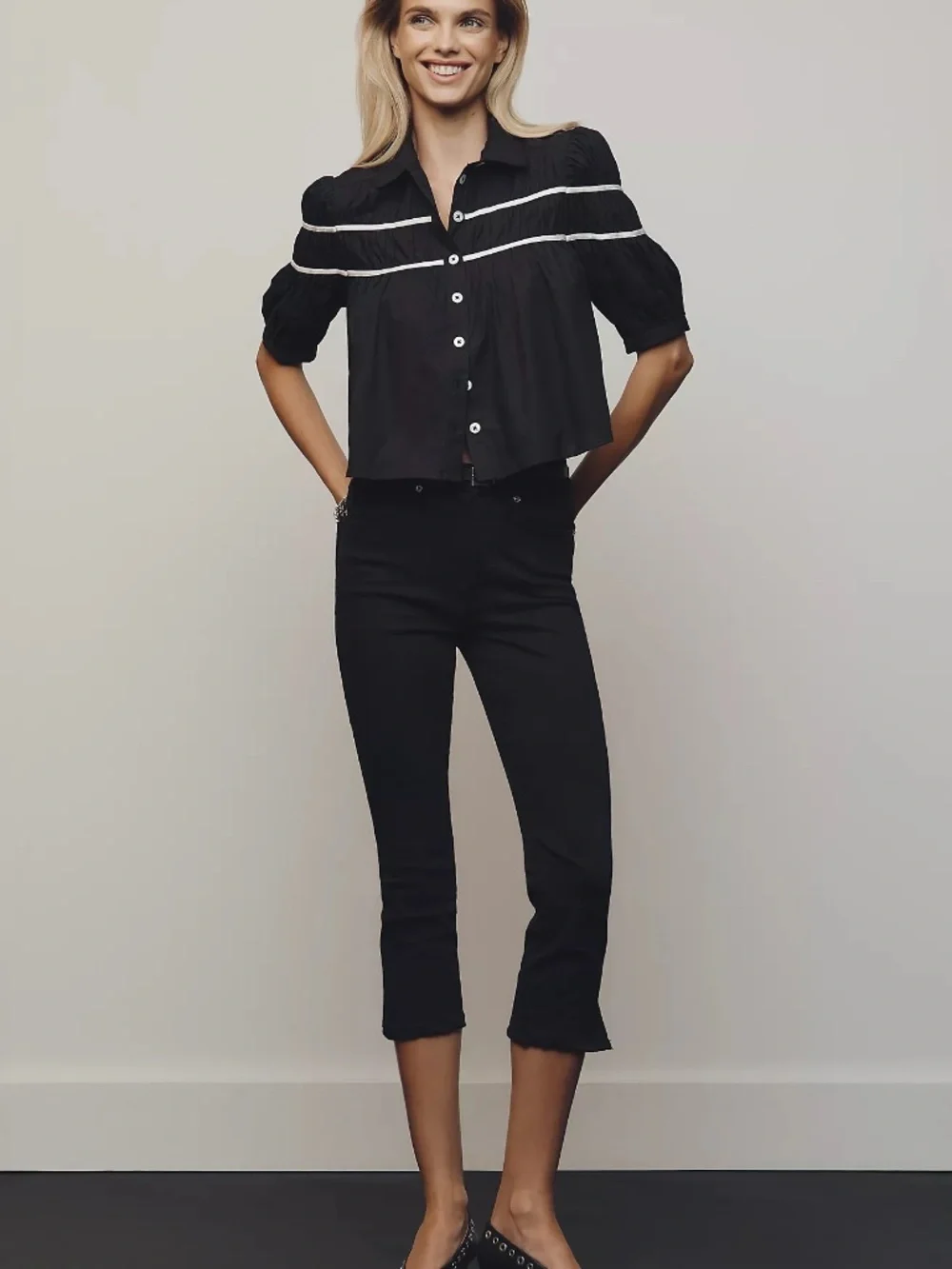 NWT Maeve Leandra Cotton Shirred Yoke Black Button Down Short Sleeve Blouse XXS - Picture 4 of 9